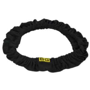 Black racing helmet chin strap with yellow BG logo for Grand Prix Racewear, designed for motorsport safety and comfort.