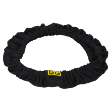 Black racing helmet chin strap with yellow BG logo for Grand Prix Racewear, designed for motorsport safety and comfort.