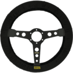 Black racing steering wheel with a padded grip and three-spoke design, suitable for race cars and motorsport vehicles.