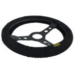 Black racing steering wheel with yellow 'EG' logo, designed for motorsport use, featuring a lightweight metal frame and ergonomic grip.