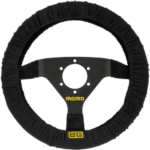 MOMO racing steering wheel with black cover and yellow logo, designed for motorsport use.
