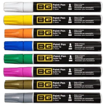 Set of B-G paint pens in various colours including yellow, orange, blue, green, pink, and black, ideal for racing and automotive detailing.