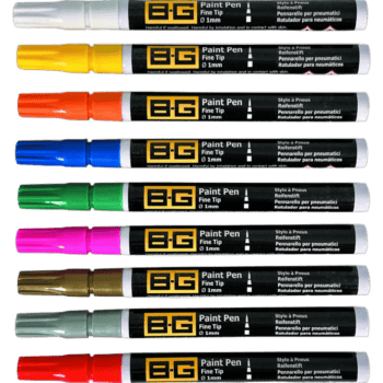 Set of E-G paint pens in various colours including yellow, orange, blue, green, pink, gold, and red, ideal for detailed artwork and automotive applications.