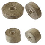 Set of four metallic exhaust heat wraps for racing cars, designed to withstand high temperatures and improve performance.