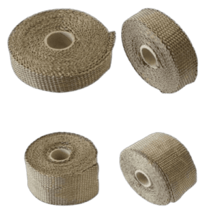 Set of four metallic exhaust heat wraps for racing cars, designed to withstand high temperatures and improve performance.