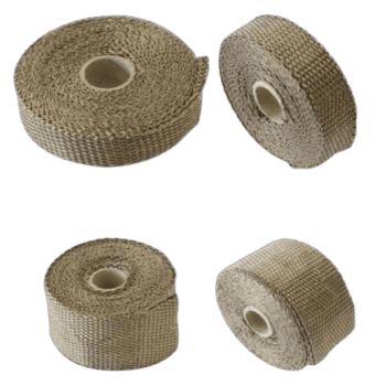Set of four metallic exhaust heat wraps for racing cars, designed to withstand high temperatures and improve performance.