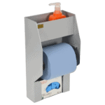 Race car driver safety equipment dispenser with hand sanitizer and paper towel roll for Grand Prix Racewear.