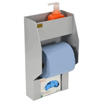 Race car driver safety equipment dispenser with hand sanitizer and paper towel roll for Grand Prix Racewear.