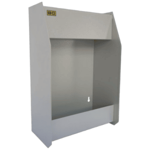 Grand Prix Racewear display cabinet for racing gear storage, featuring a sleek white design with a glass front and the BG logo at the top.