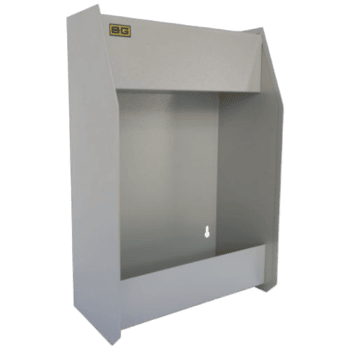 Grand Prix Racewear display cabinet for racing gear storage, featuring a sleek white design with a glass front and the BG logo at the top.