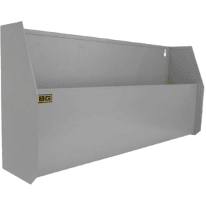 Grand Prix Racewear display counter in grey with black and yellow logo, ideal for motorsport events and retail environments.