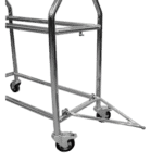 Stainless steel racewear trolley with four wheels, designed for transporting racing gear and equipment.