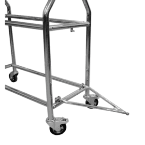 Stainless steel racewear trolley with four wheels, designed for transporting racing gear and equipment.