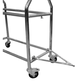Stainless steel racewear trolley with four wheels, designed for transporting racing gear and equipment.