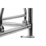 Close-up of a professional racing car roll cage made of polished metal tubing for safety and durability.