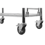 Stainless steel racing wheelchair trolley with four caster wheels for mobility and support in motorsport environments.