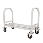 White Grand Prix Racewear trolley with four caster wheels, used for transporting racing gear and equipment.