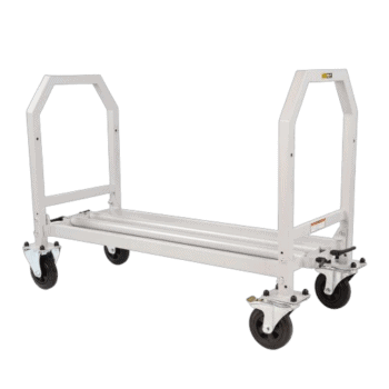White Grand Prix Racewear trolley with four caster wheels, used for transporting racing gear and equipment.