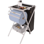 Grand Prix Racewear tool trolley with tools, paper towels, and cleaning supplies for motorsport safety gear maintenance.