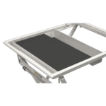 Grand Prix Racewear racing simulator seat with adjustable frame and black cushioned surface for motorsport enthusiasts.