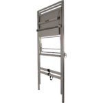 Racewear folding stand for Grand Prix racing, made of durable metal with adjustable height and secure locking mechanisms.