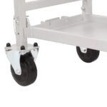 White metal trolley with black caster wheels, used for transporting equipment in racing environments.
