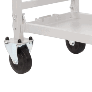 White metal trolley with black caster wheels, used for transporting equipment in racing environments.