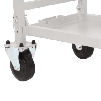 White metal trolley with black caster wheels, used for transporting equipment in racing environments.