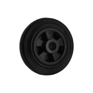Black racing wheel with a sleek design, suitable for go-kart or racing vehicles, emphasizing durability and performance.