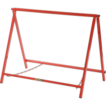 Red Grand Prix Racewear safety barrier stand for motorsport events, lightweight and durable for track safety.