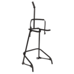 Black racing simulator stand with adjustable arm for racing wheels and pedals, designed for motorsport enthusiasts.