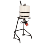 Racing fuel bladder on a black stand, used for motorsport safety and refueling at race events.