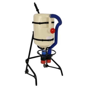 Grand Prix Racewear racing safety equipment with a white tank, blue hose, and black stand, designed for motorsport safety and protection.