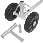 Race kart chassis with large black wheels and metal frame, suitable for Grand Prix racing and karting events.