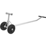 Racing kart tow dolly with two large wheels and a metal frame for easy transportation of race cars.