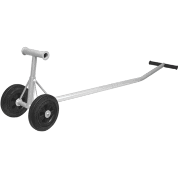 Racing kart tow dolly with two large wheels and a metal frame for easy transportation of race cars.