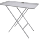 White folding table with metal legs, ideal for racing events or outdoor use, on a black background.