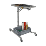 Race car tool trolley with various tools and supplies for Grand Prix racing, featuring a sturdy metal frame and wheels for mobility.