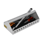 Set of professional tools including a hammer, pliers, and screwdriver in a white toolbox for racewear maintenance.