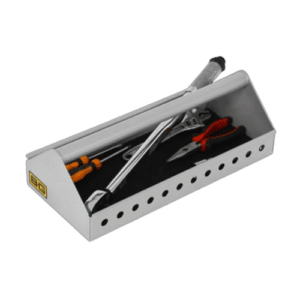 Set of professional tools including a hammer, pliers, and screwdriver in a white toolbox for racewear maintenance.