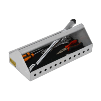Set of professional tools including a hammer, pliers, and screwdriver in a white toolbox for racewear maintenance.