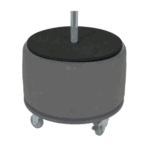 Rubber tire wheel with metal axle on a grey concrete base with caster wheels for mobility.