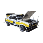 Classic race car with open hood, yellow and white livery, racing number 85, and aerodynamic modifications for motorsport from Grand Prix Racewear.