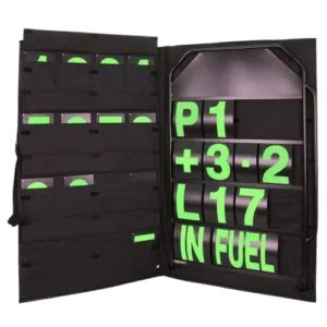 Grand Prix Racewear portable race number board with green numbers and black case for motorsport events.