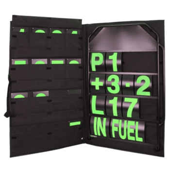 Grand Prix Racewear portable race number board with green numbers and black case for motorsport events.