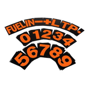 Fuel gauge with orange numbers and black background, displaying 'FUEL IN L TPI' and numbers 0-9 for racing fuel level indicator.
