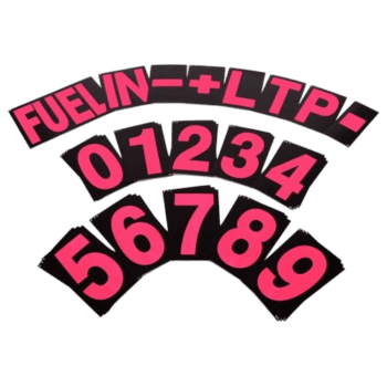 Close-up of a pink and black fuel gauge decal with numbers 1 to 9 and 'FUELIN-LTP' text for racing car branding.
