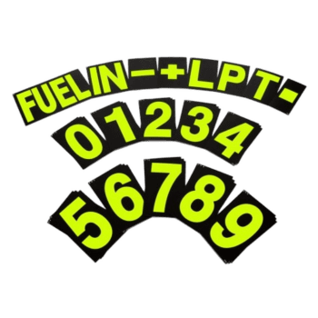 Close-up of a racing fuel gauge with yellow and black markings, including fuel level, LPT, and numbers 0-9, used in motorsport racing gear.