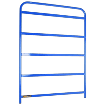 Blue metal racewear barrier used at Grand Prix racing events for safety and crowd control.