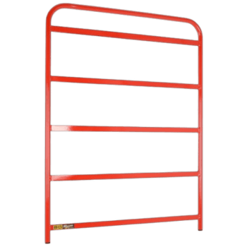 Red metal barrier used in motorsport events for safety and crowd control at Grand Prix Racewear.